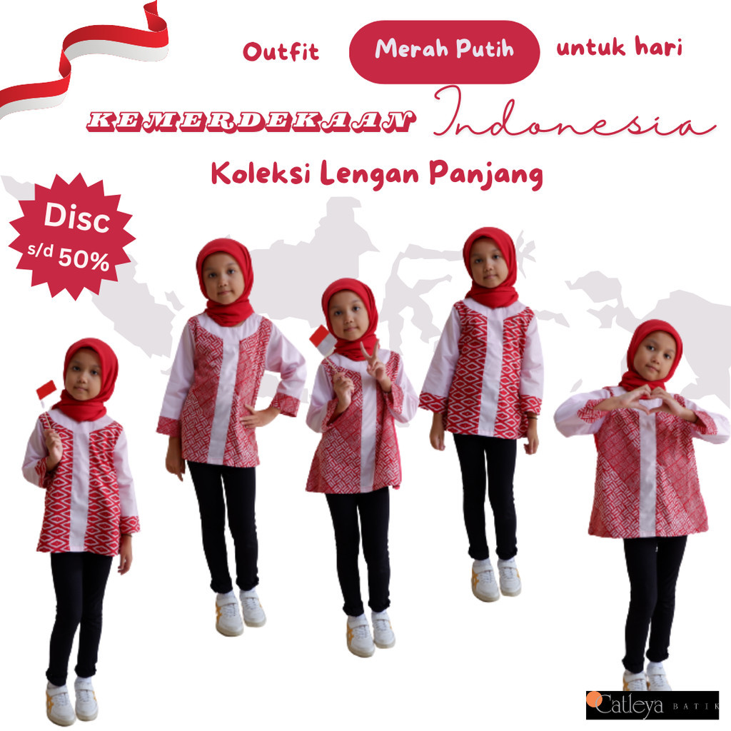 Catleya Batik Koleksi Merah Putih Blus Tunik Lengan Panjang Anak Cewek