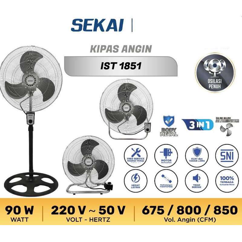 Stand Desk Wall Kipas Angin Berdiri Duduk Dinding 3 in 1 BESI SEKAI IST-1851 18in 18inch