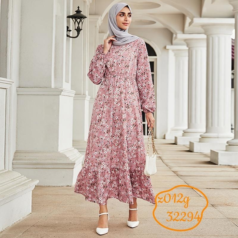 Dress midi muslim lengan panjang bermotif bunga leher bulat