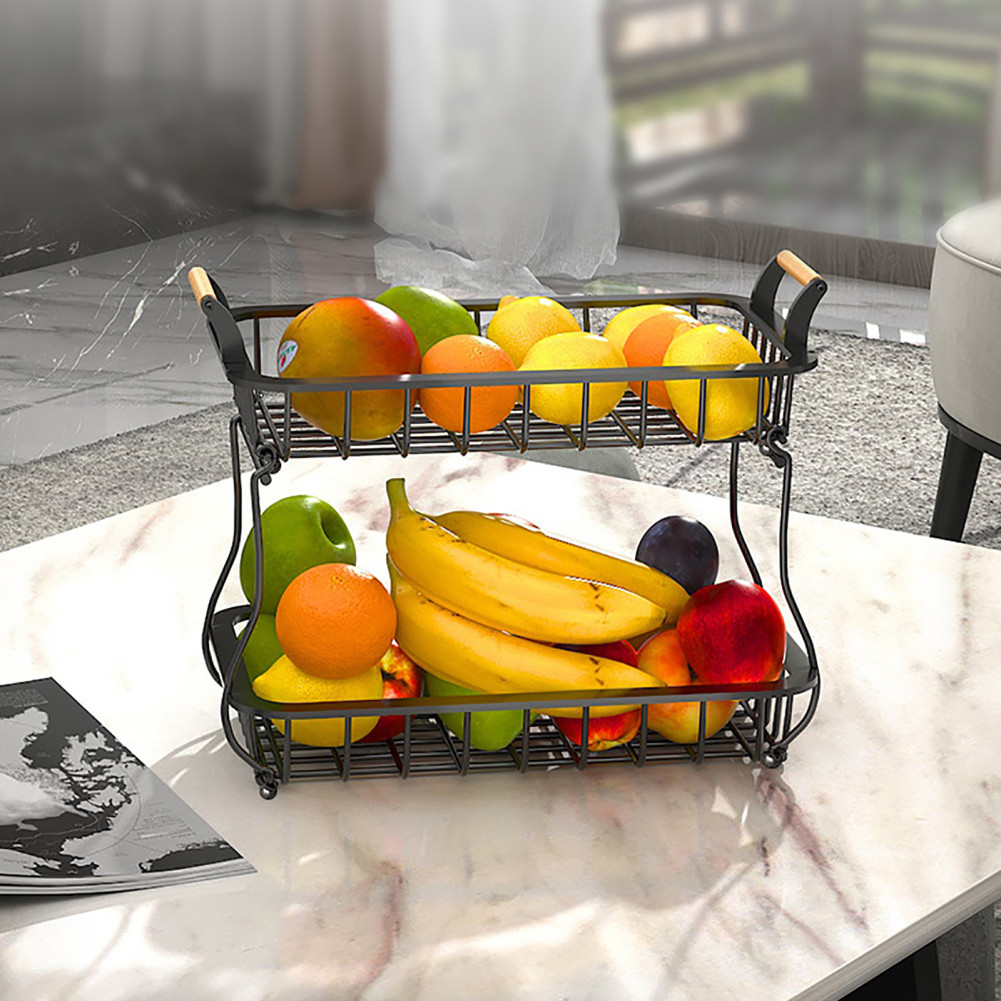 2 Tier Stackable Fruit Basket Bowl Rectangle Metal Wire Countertop Fruits Stand Holder Organizer For