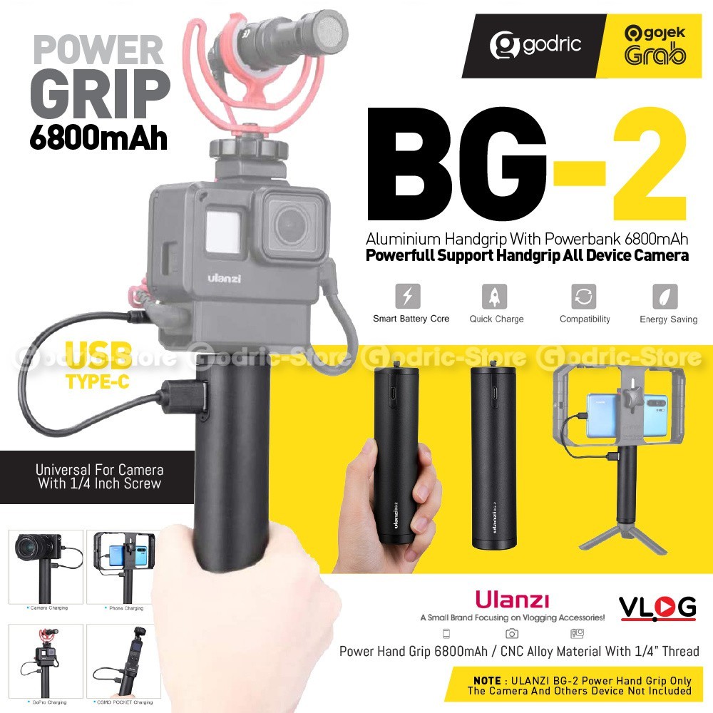 ULANZI BG-2 Hand Grip Power Bank 6800Mah for Action Cam GoPro Osmo Pocket, Smartphone HP, Mirrorless