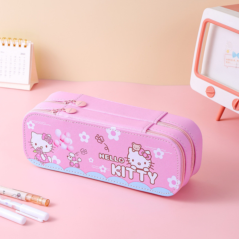 

Sanrio Kawaii Kuromi Pencil Case Cute Pu Large Capacity Torage Double Layer Cinnamoroll Melody Pencils Bag Supplies Stationery