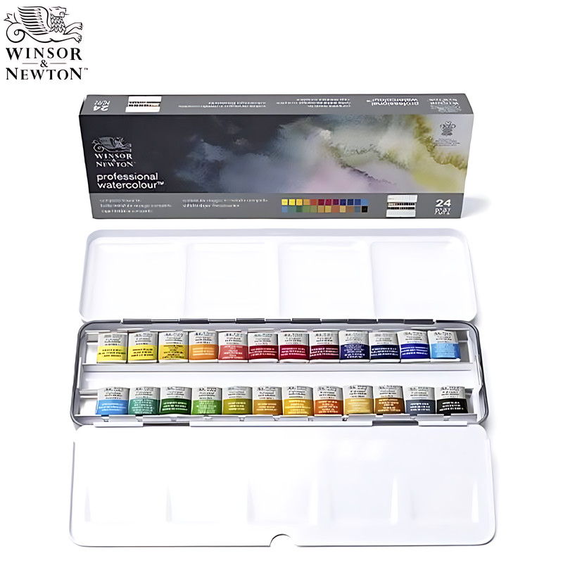 

Winsor & Newton Professional Watercolor Paint In Metal Box 24 Half Pans High Grade Artist Quality and Reliability Pigment