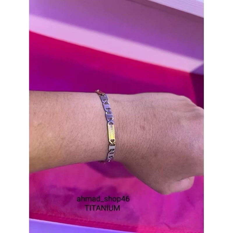 Gelang tangan titanium pria wanita model rantai pipih warna silver kombinasi gold
