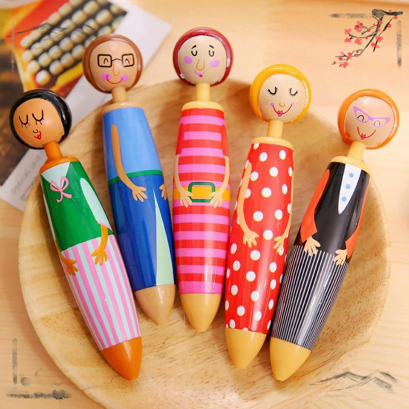 

5 Pcs Novelty Doll Design Blue Ink Ballpoint Pens, Creative and Cute Cartoon Student Stationery