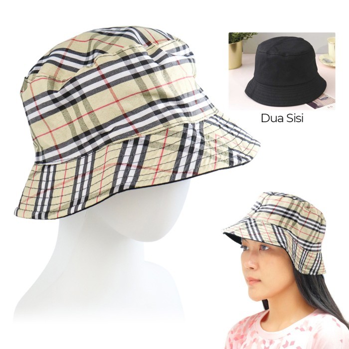 Topi Bucket Hat Pria Wanita Unisex 2 Dua Warna Sisi Bolak Balik Pantai Memancing Outdoor Traveling Katun Bulat Fashion Krem Kotak 60CM