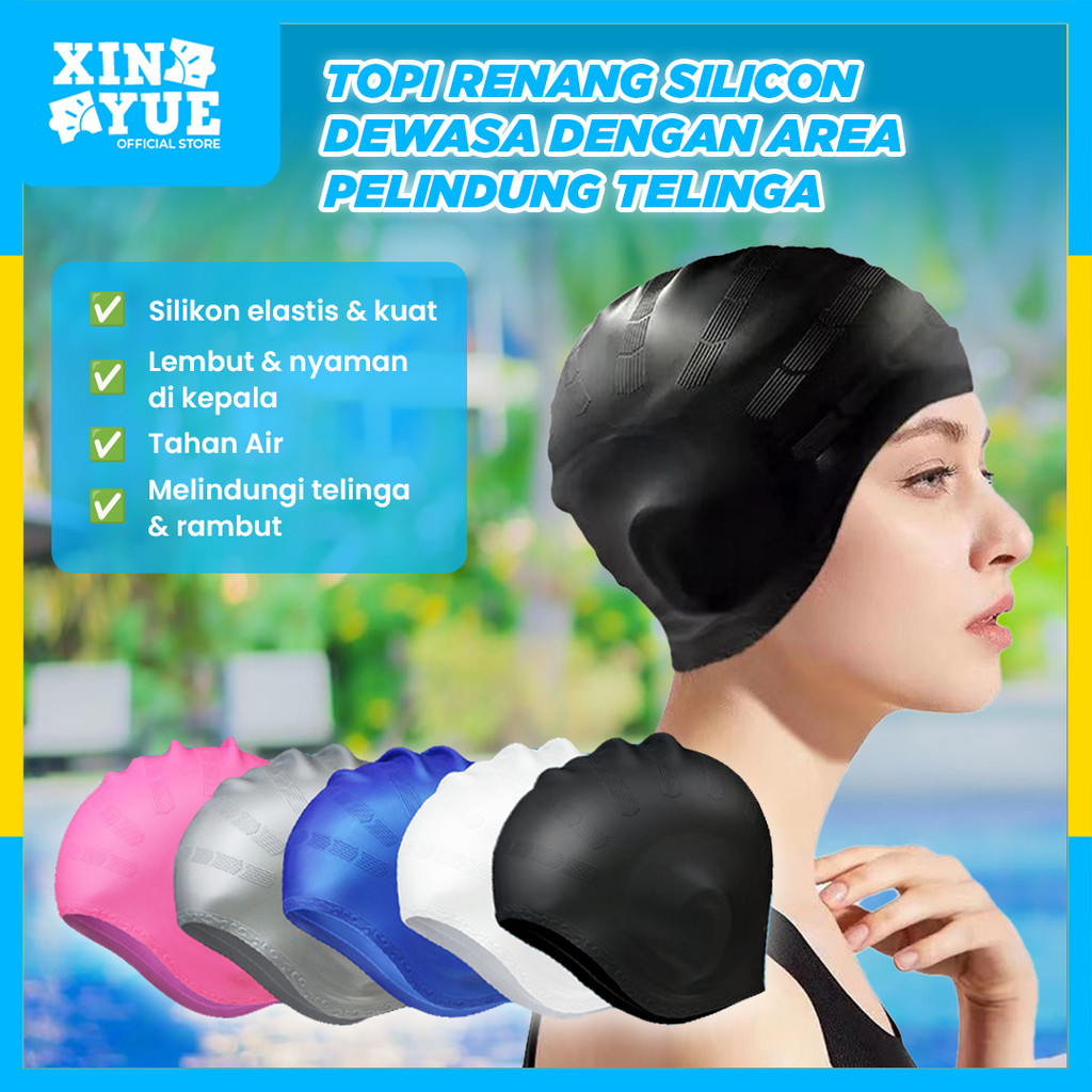 Xin Yue Topi Renang Silikon Dengan Pelindung Telinga Polos Unisex - Ear Cover Swimming Cap - Swimmin