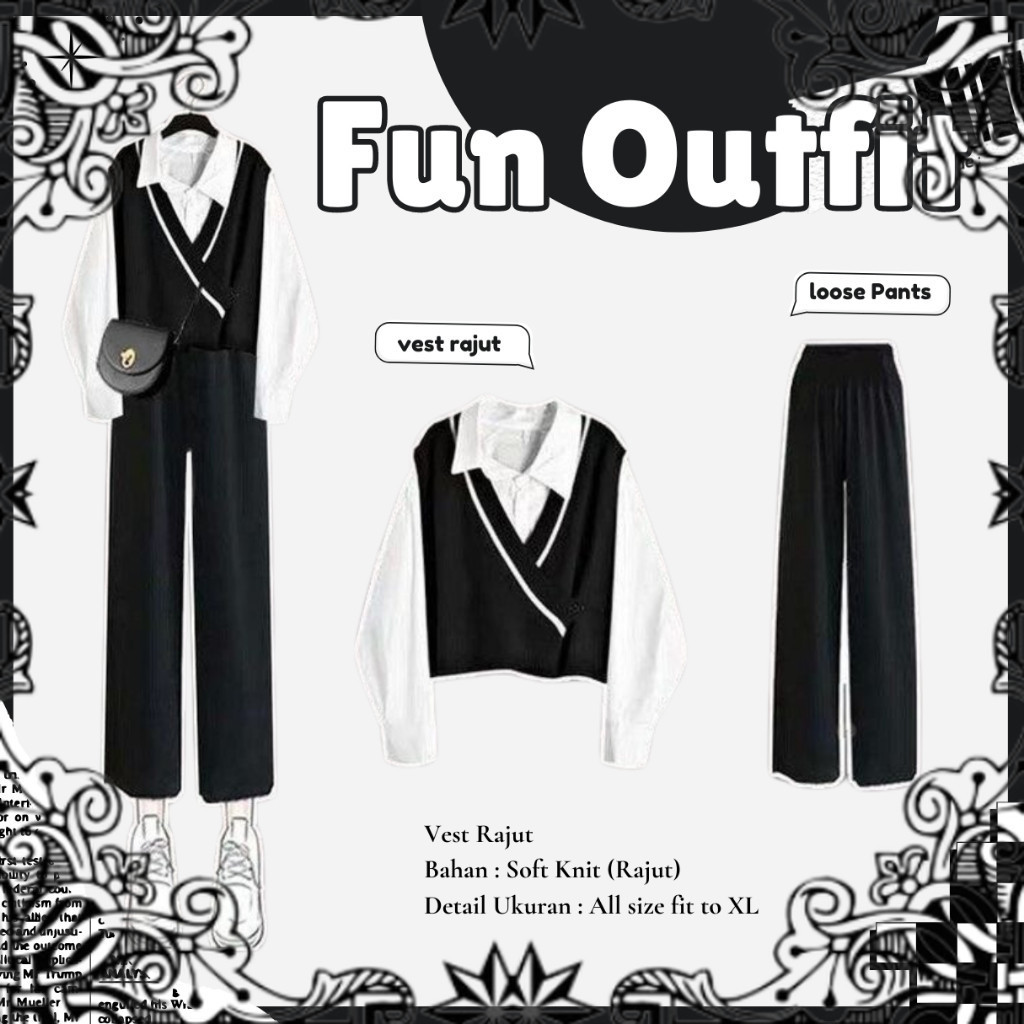 Fun Outfit Set|Setelan wanita|Vest Rajut+ Celana Kulot+Kemeja Putih|Outfit set korean style|Setelan 