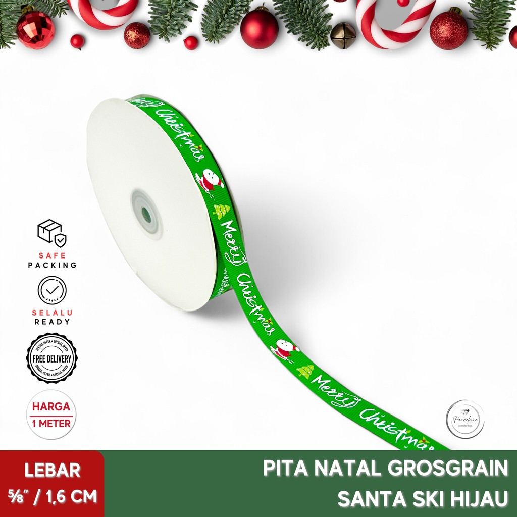 

[Meter] Pita Natal Grosgrain Taiwan Emboss Santa Ski Hijau Lebar 1,6 cm Kado Hiasan Dekorasi Hampers Parcel Craft Satin Organza Premium Xmas Pohon
