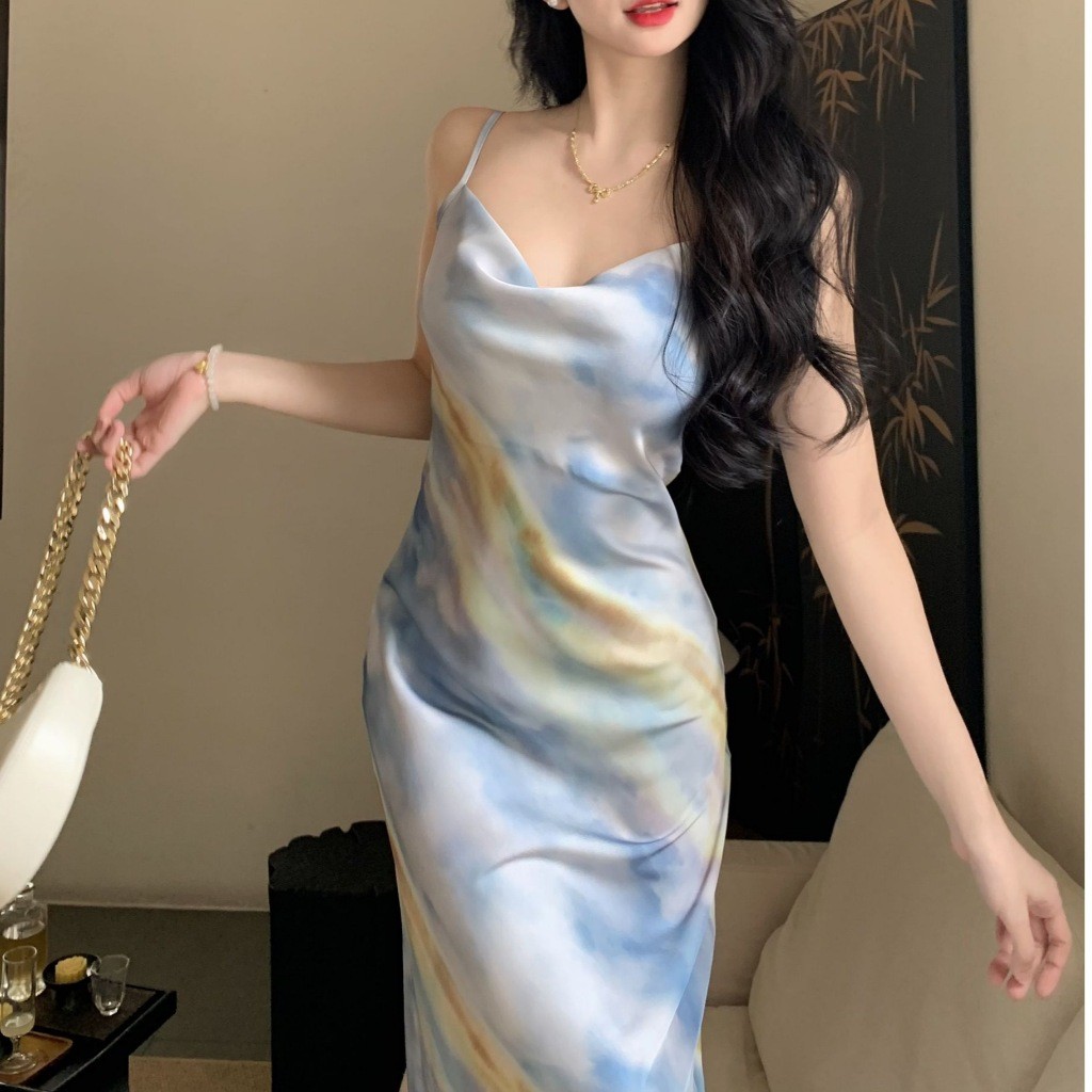 summer floral dress biru muda korean style elegant sleeveless dress midi wanita kekinian casual dres