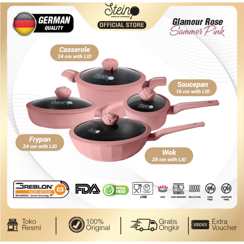 Stein Cookware Glamour Rose Set 4 in 1 - Stein Wajan Anti Lengket Granite German