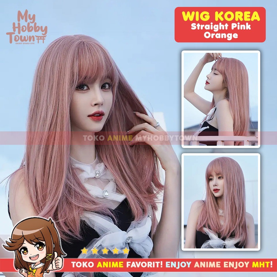 Wig Fashion Daily Korea Jepang Lolita Straight Lurus Pink Orange 56 cm