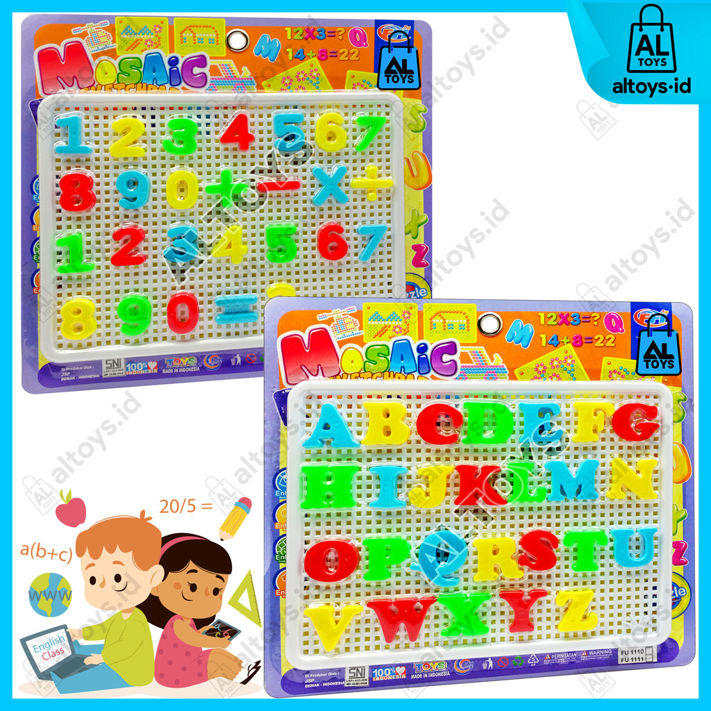Mainan Edukasi Anak Mosaic ABC Angka & Huruf – Set Papan + Huruf & Angka (Angka FU1110, Huruf FU1109