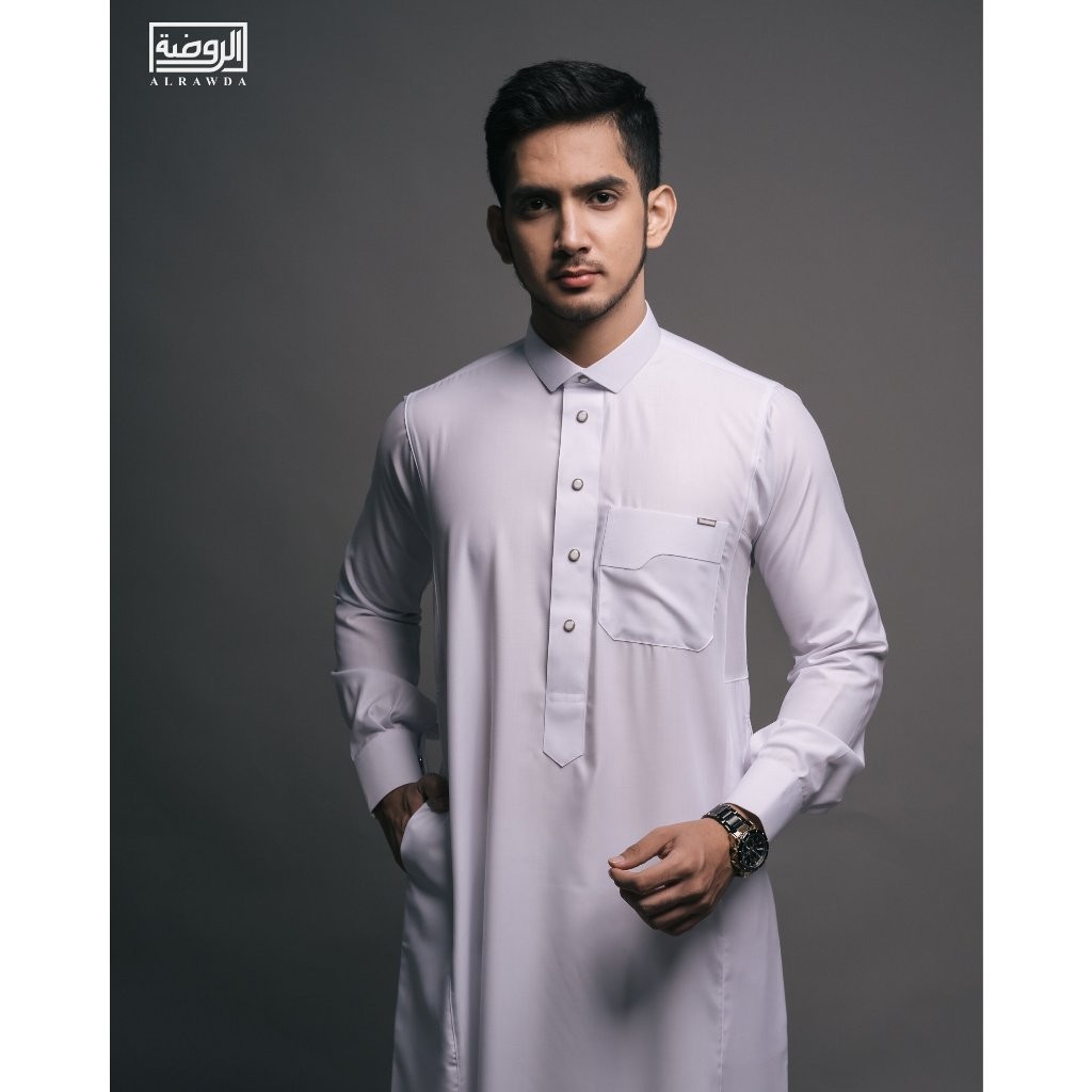 ALRAWDA by Alharamain Jubah / Gamis Pria Dewasa Slimfit Premium Series (1089) | Putih | Putih Tulang