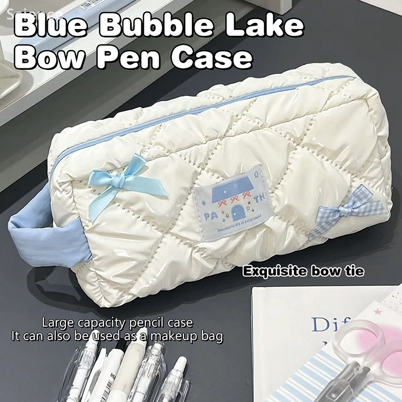 

Blue White Bow Pencil Bag Large Capacity Stationery Bag Travel Storage Bag Women'S Cosmetic Bags Cute Design Girls Pencil Case