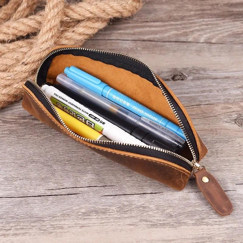 

1PC Vintage Leather Pencil Bag Retro Simple Stationery Holder Zipper Pencil Pouch Pen Case Storage Bag School Stationer Supplies