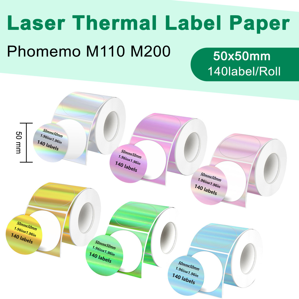 

1/2Pcs Laser Thermal Label Paper 50x50mm Multicolor Adhesive Tape Roll Compatible for Phomemo M110 M200 E210 P50 Label Printer