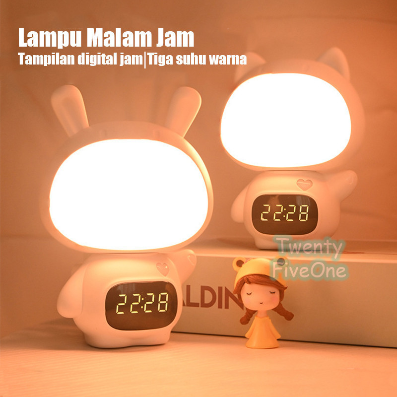 Lampu Tidur Model Kucing LED Wireless 3 Warna Remote Control Jam Digital LED Lampu Malam