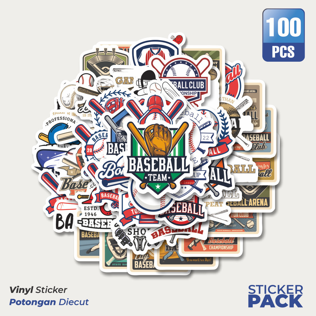 

100 PCS STIKER Baseball Fun Club Baseball Waterproof Aesthetic- Untuk Laptop, Motor, dan Helm - Paper Stationery Pack