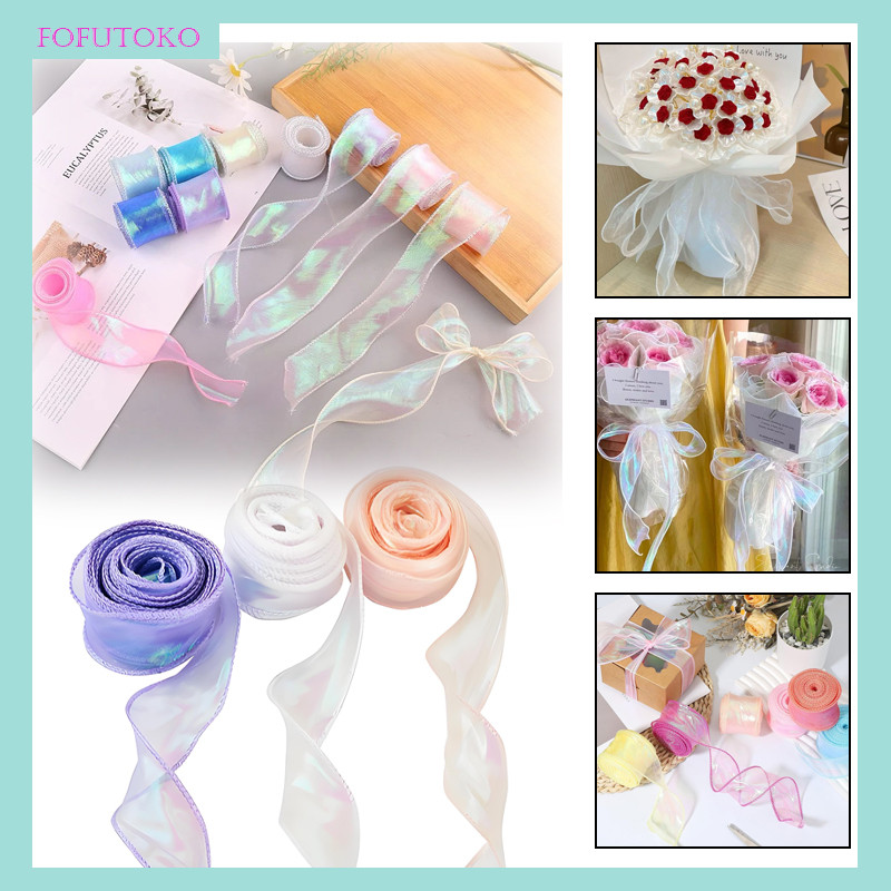 

Pita Kado Buket Flower Wrapping / 9.14mX4cm Meter Pita Hologram / Pita Organza / Pita Keriting Gelombang