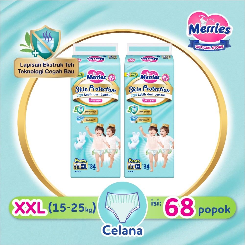 

Merries Skin Protection Popok Perlengkapan Bayi Anti Bau Tipe Celana (15-25)kg XXL34 x2