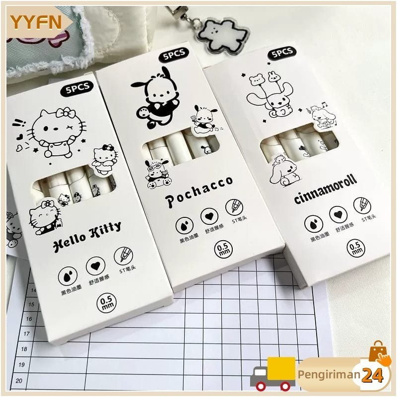 

5pcs Gel Pen Pulpen Gel Retractable hitam Pena 0.5mmDan12pcs pensil hitam Alat Tulis Sekolah Kantor Kuromi Kartun Pena Pola