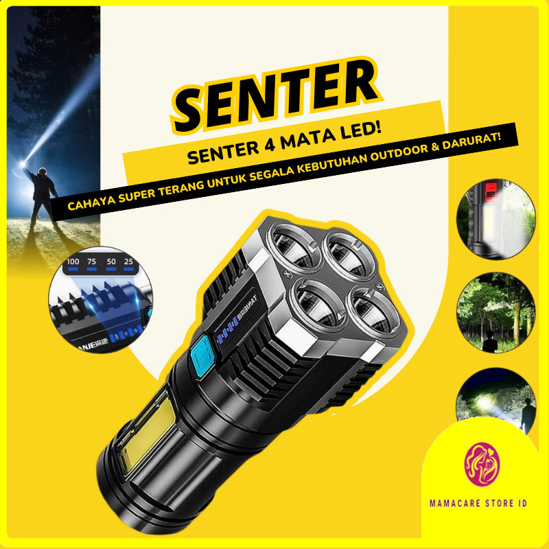 senter led 4 mata cob light super terang senter rechargeable 4 mode cahaya jarak jauh waterproof sen