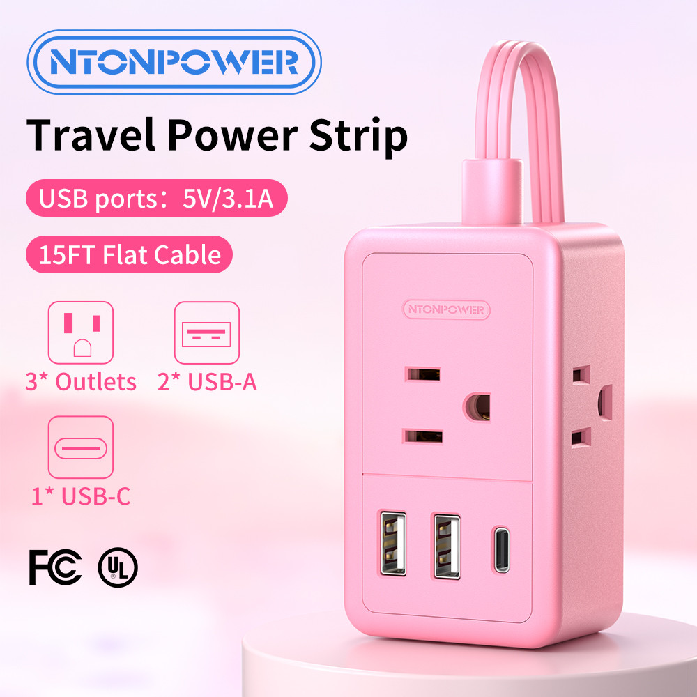 NTONPOWER US Plug Pink Power Strip AC Outlets With Type C Ports 15ft Extension Cord  USB Ports Adapt