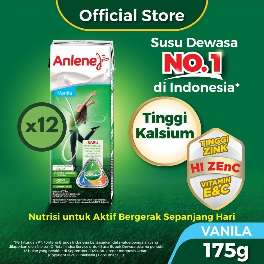 

Anlene Susu Dewasa UHT Vanila 12 x 175ml - Nutrisi Tinggi Kalsium Untuk Tulang, Sendi, dan Otot