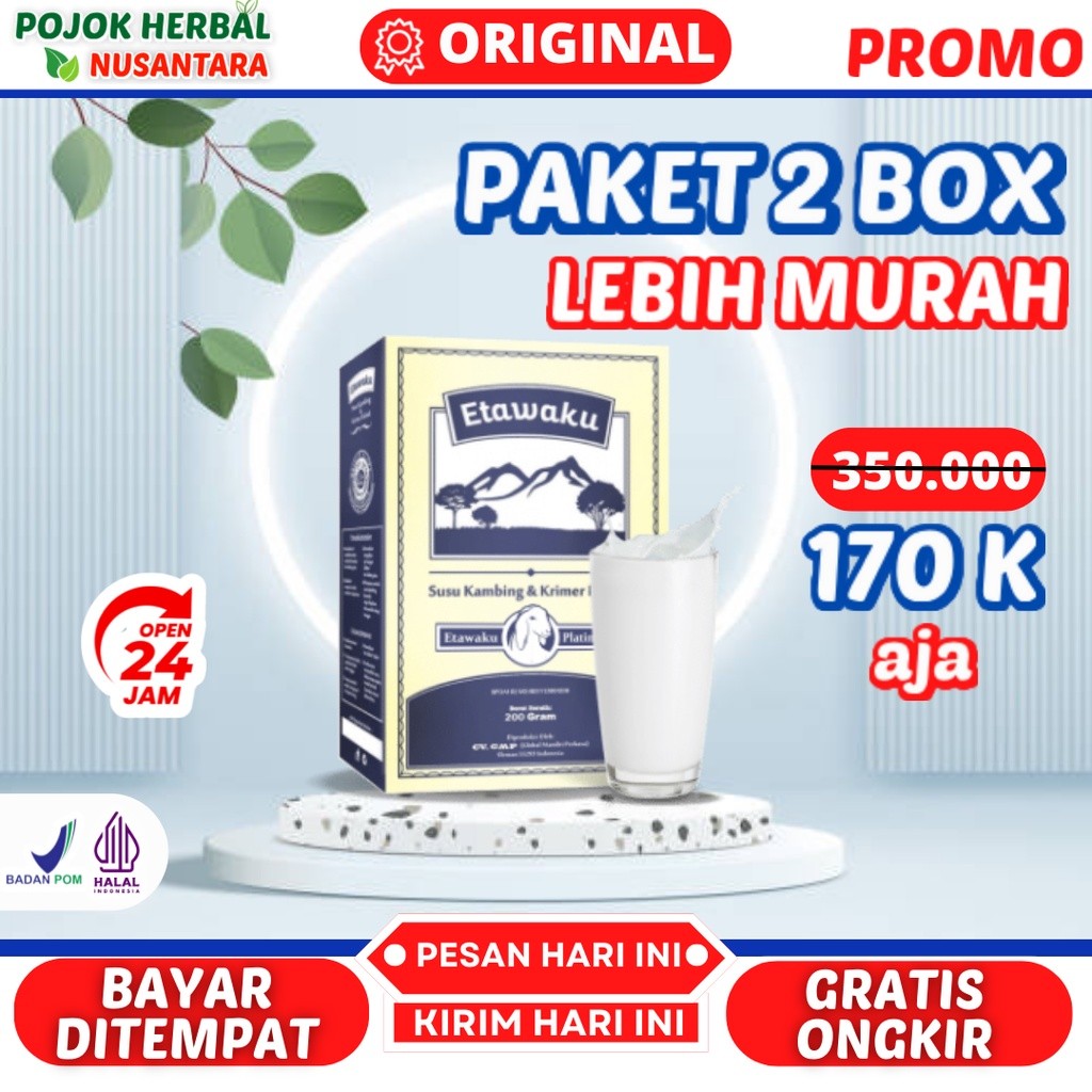 

Paket 2 box Susu Kambing ETAWAKU PLATINUM 200 gr | Susu kambing Dan Krim Bubuk Rasa Original - Susu Kambing Etawa Tinggi Kalsium Meningkatkan Kesehatan Tulang & Sendi Mencegah Osteoporosis
