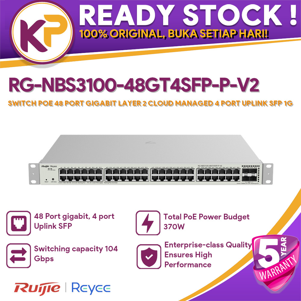 RUIJIE REYEE RG-NBS3100-48GT4SFP-P-V2 SWITCH POE 48 PORT GIGABIT LAYER 2 CLOUD MANAGED 4 PORT UPLINK
