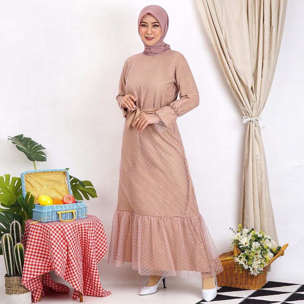 Gamis Helwa Tile Polkadot Maxi Dres Lebaran Long Dress Busana Muslim Murah