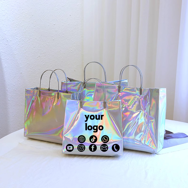 

30pcsHigh-end color laser handbag silver shopping clothing bag gift shop packaging bag waterproof wedding party custom logo