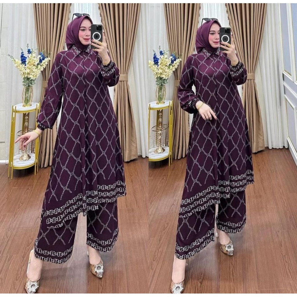 Setelan Long Tunik Wanita Terbaru Bahan Adem Busui Frendly Baju Busana Muslim Dewasa Kekinian Jumbo 