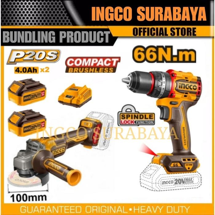 INGCO BUNDLING PRODUCT BRUSHLESS IMPACT DRILL 66NM BOR 13MM + GERINDA - Unit Only