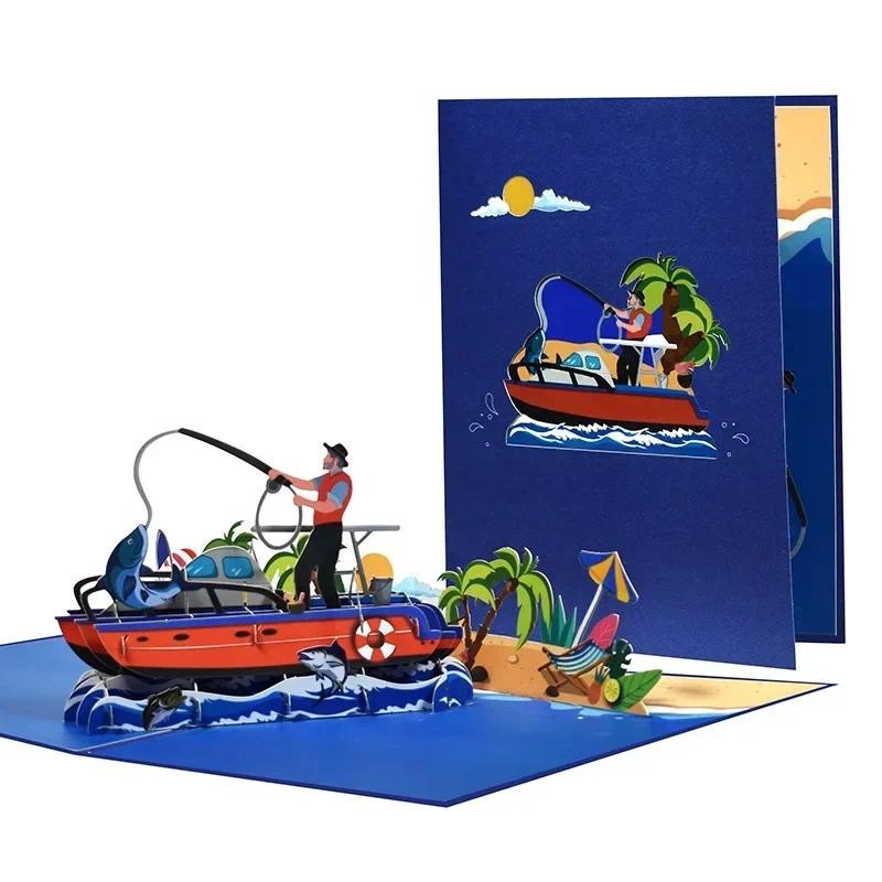 

New 3D Pop-up Fishing Man Theme invitations Card Greeting Cards Set Creative Postcard Party Festival Gifts Boy Decorations