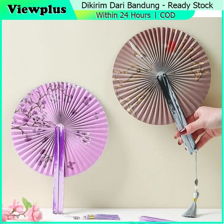 Kipas Tangan Lipat Bulat Cina Retro Kayu Kipas Menari Model Bundar