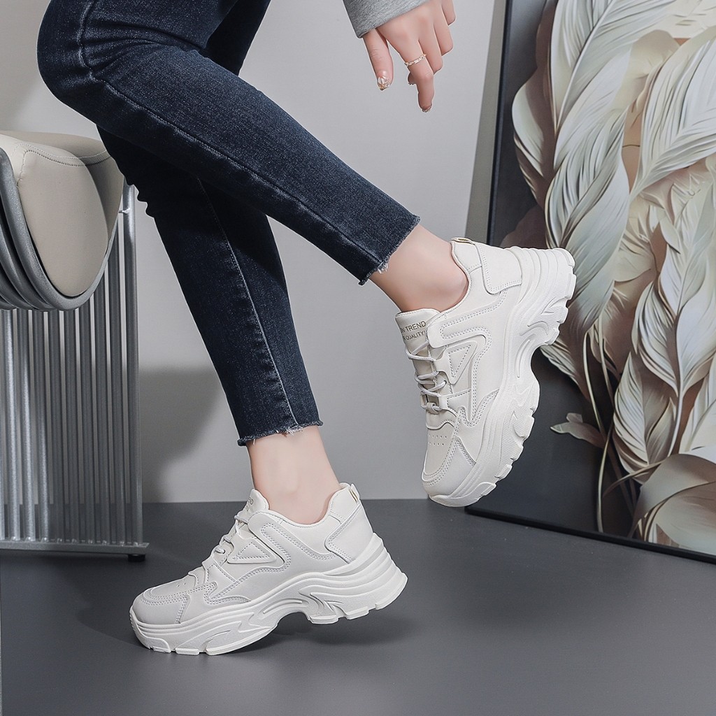 CF45RF LURAD Sepatu Wanita Hitam Putih Polos Simple Sepatu Chic Sneakers Cewek Hak Tebal Tinggi SM21