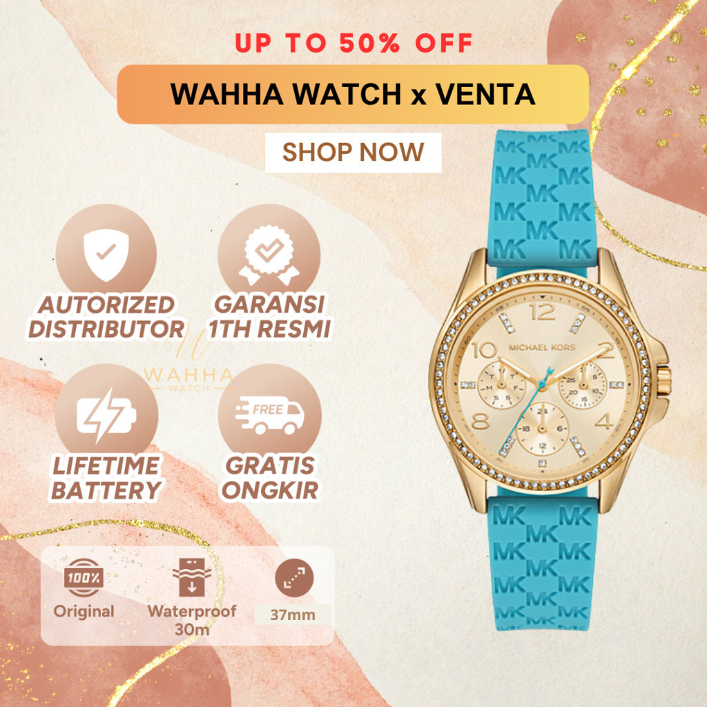 Jam Tangan Wanita  Mini Pilot MK7374 Pavé Gold-Tone and Logo Silicone Watch Women Watch's [BERGARANS
