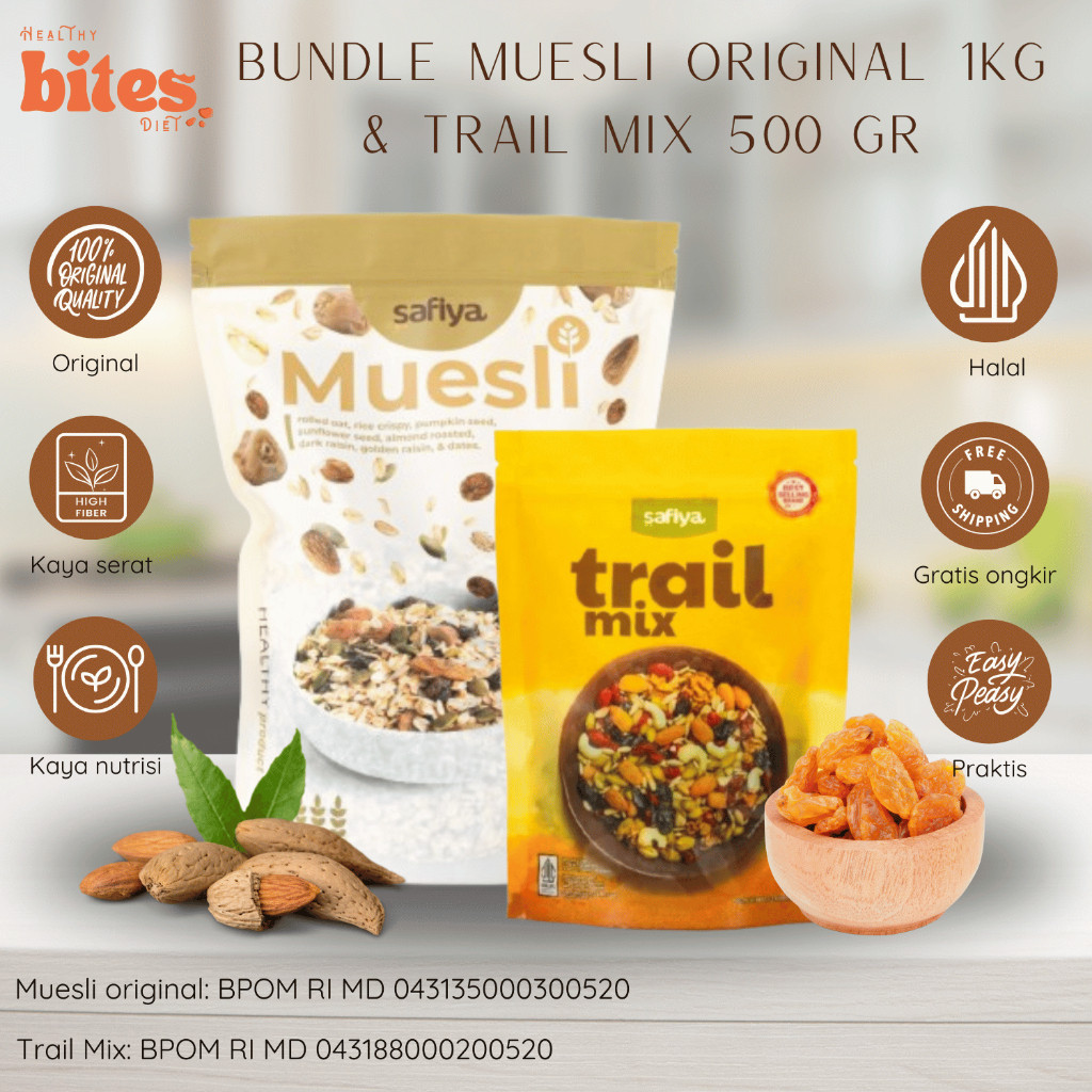 

Muesli Original 1Kg + Trail Mix 500gr - Safiya 2in1 | Snack Sereal Sehat Diet | Healthy Bites Diet