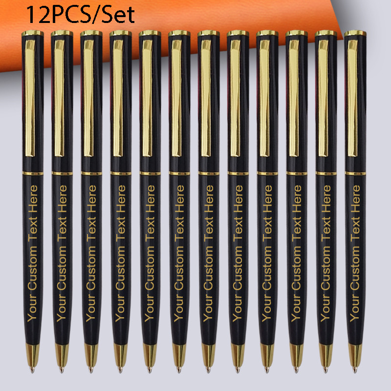 

12pcs Custom Golden Text Ballpoint Pen Personalized Gift For School Office Logo Teacher Stationery Store Luxury Product Writing