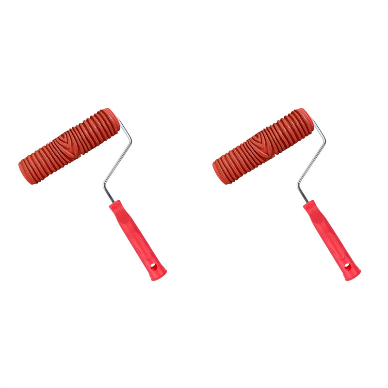 

N04R 2X Rubber Imitation Wood Grain Pattern Paint Roller DIY Paint Texture Pigment Printing Wall Painting Roller With Handle