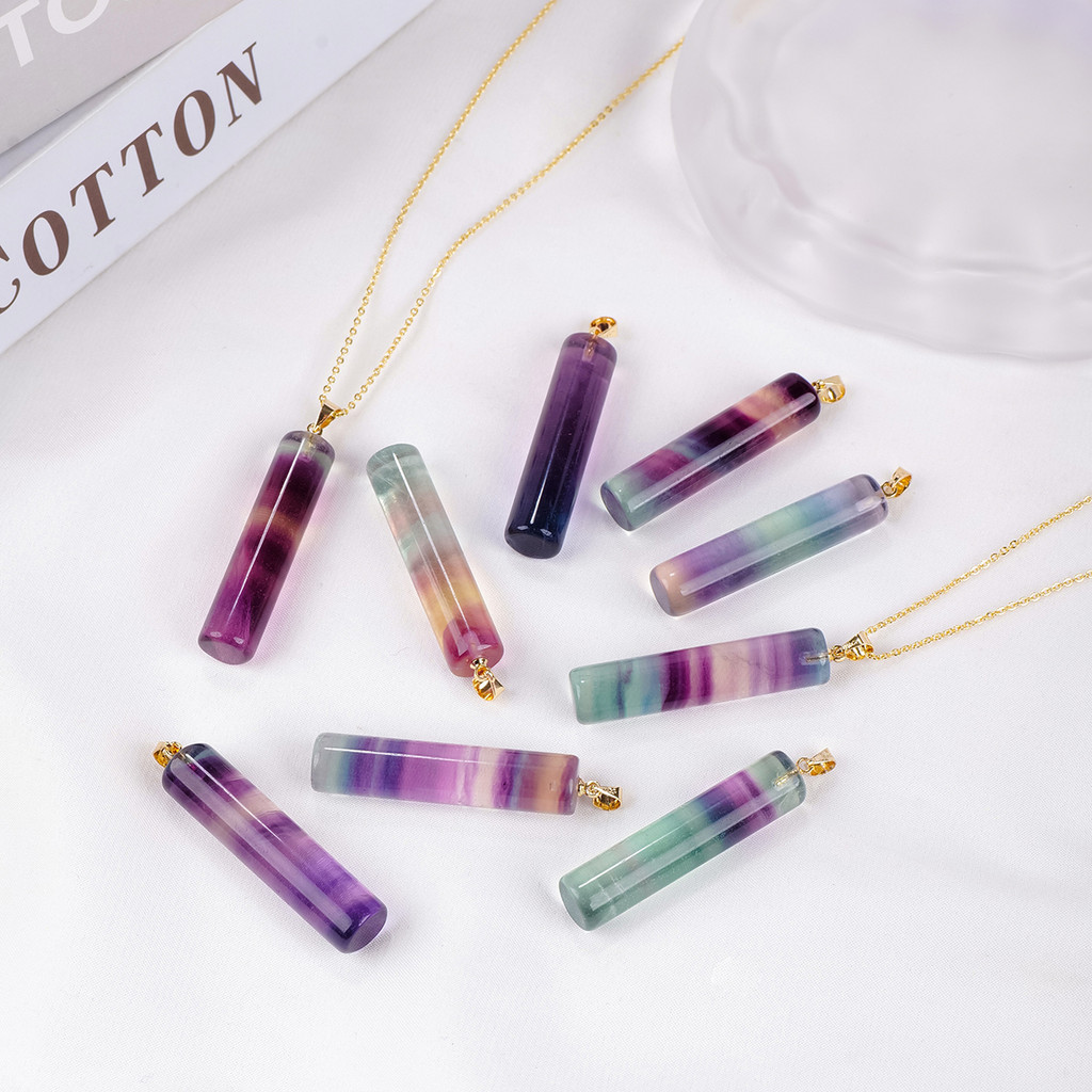 

1pc Natural Crystal Rainbow Fluorite Cylinder Pendant Raw Stone Polished Fashion Necklace Jewelry for Men and Women Holiday Gift
