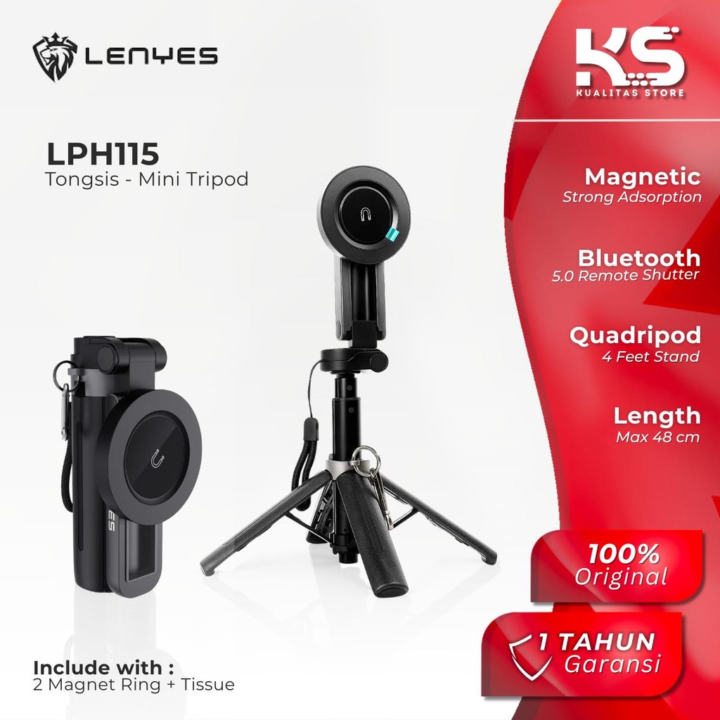 LENYES Magnetic Hand Grip 3in1 Tongsis Tripod Bluetooth Remote Shutter Selfie Stick Wireless Quadrip