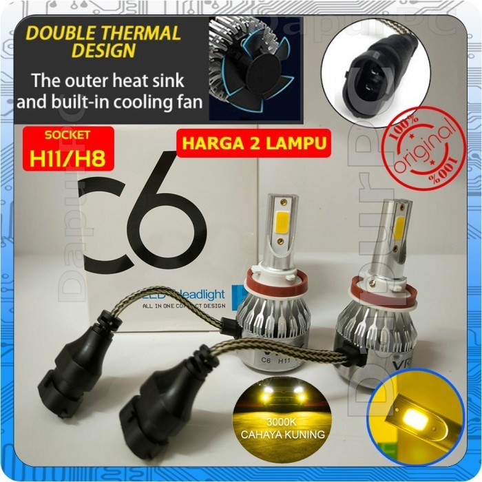 VRtec Lampu Led C6 H11 H8 COB Kuning 2 Pcs Fog Lamp Mobil Super Terang