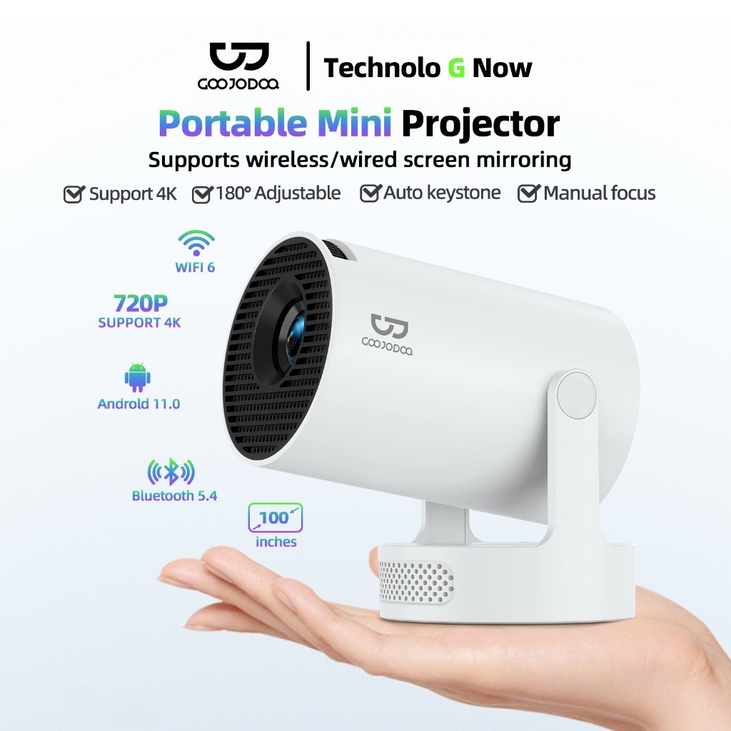 Goojodoq Portable Projector With Bluetooth 4K 720P Speaker HDMI 180 Angle Adjustable 110 Inch Screen