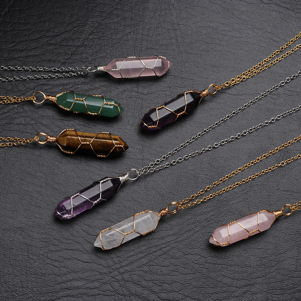Hexagonal Natural Stone Pendant Necklace for Women Men Wire Wrap Bullet Crystal Necklace Amethyst Pi