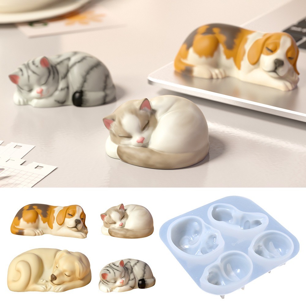 

Sleep Cat Dog Scented Candle Silicone Molds Pet 4 Cavity Resin Drip Glue Making Tool DIY 3D Figure Kitty Puppy Clay Car Ornament