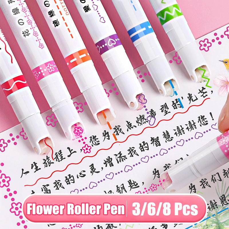 

3/6/8pcs Flowers Line Shaped Highlighter Pens Roller Tip Curve Liner Marker Pens Kawaii Stationery School Office Supplies
