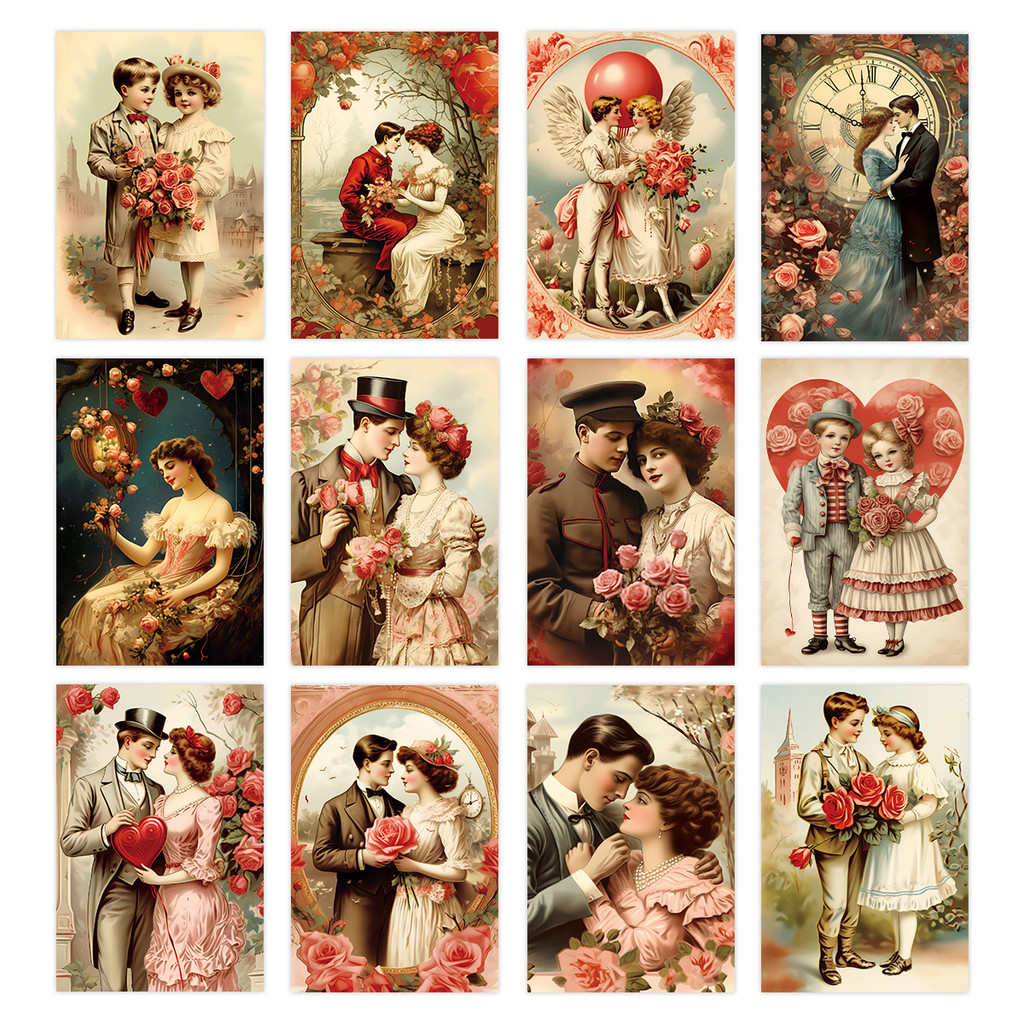

12pcs Vintage Victorian Greeting Card,Retro Romantic Postcards,Love Heart&Rose Design Wall Art Prints Home Decor
